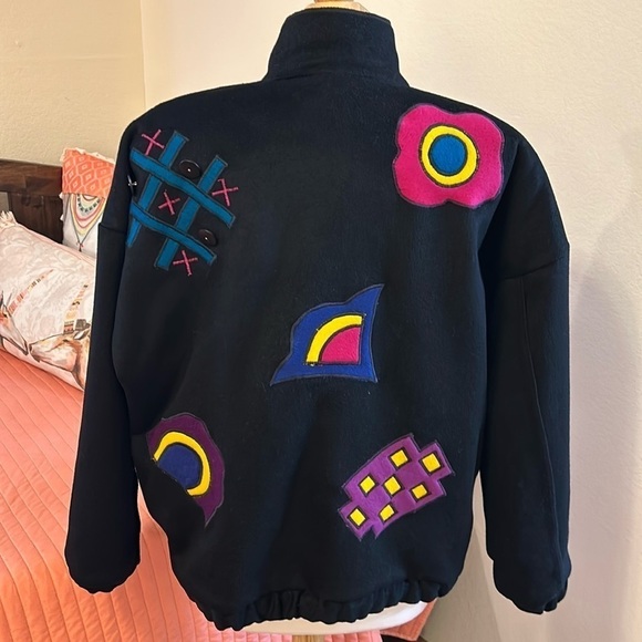 Marylou Ozbolt Storer 80’s Washed Wool Abstract Appliqué colorful jacket sz Med - Picture 4 of 15